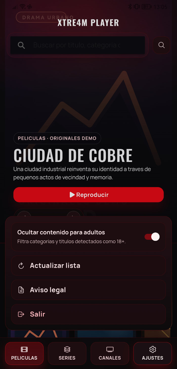 Pantalla móvil de ajustes en Xtre4m Player