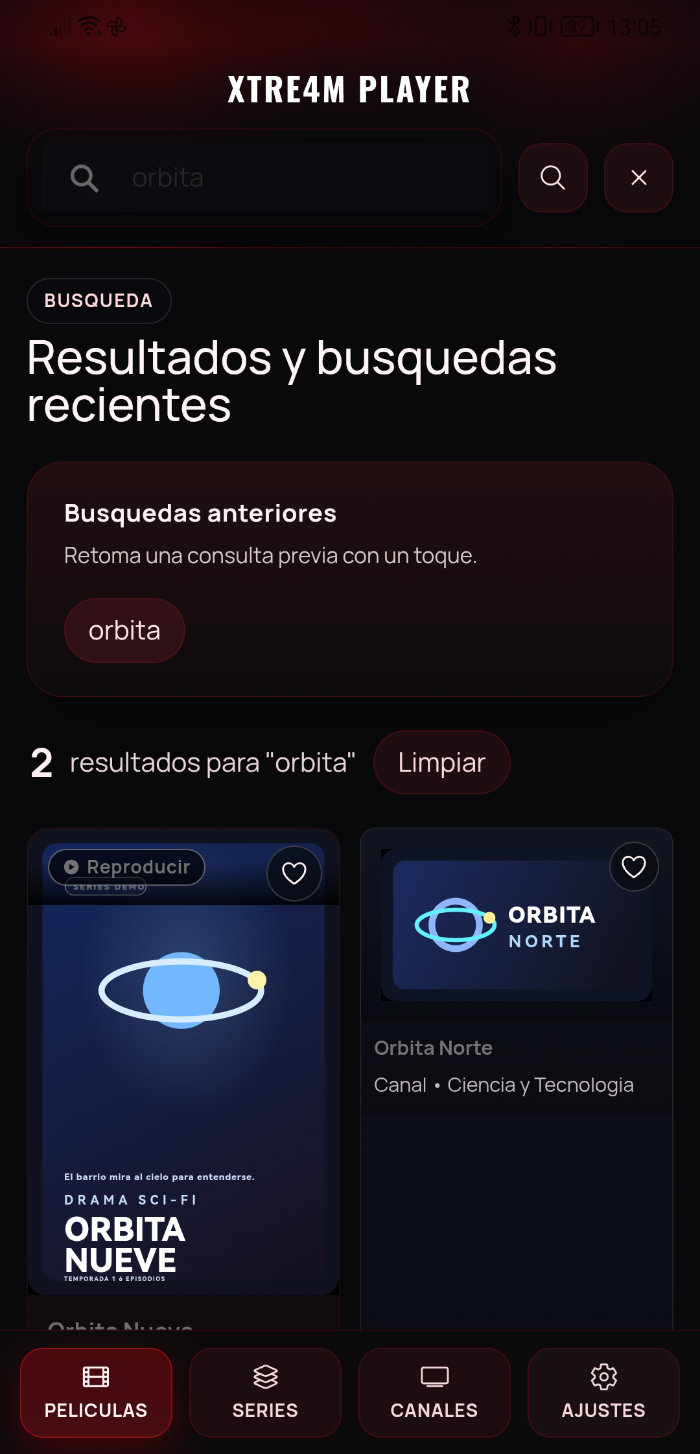 Pantalla móvil de búsqueda en Xtre4m Player