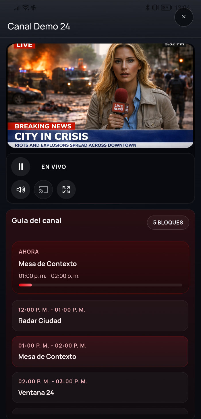 Modal móvil de canal y reproducción en Xtre4m Player