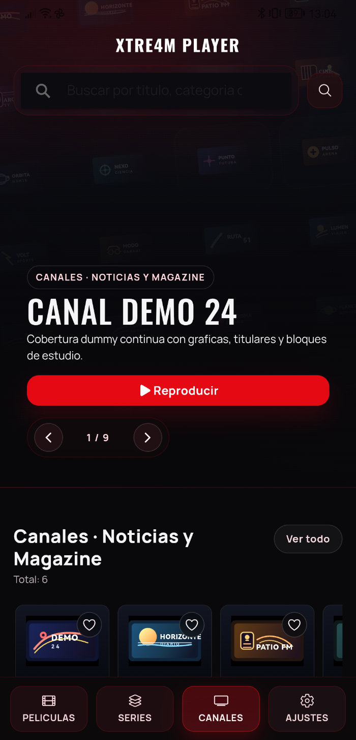 Pantalla móvil de canales en Xtre4m Player