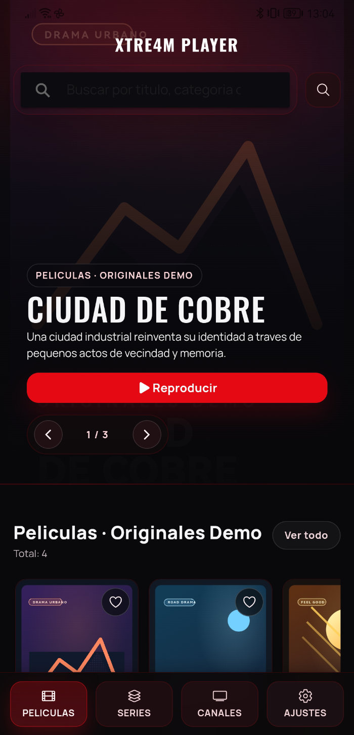 Pantalla móvil de películas en Xtre4m Player